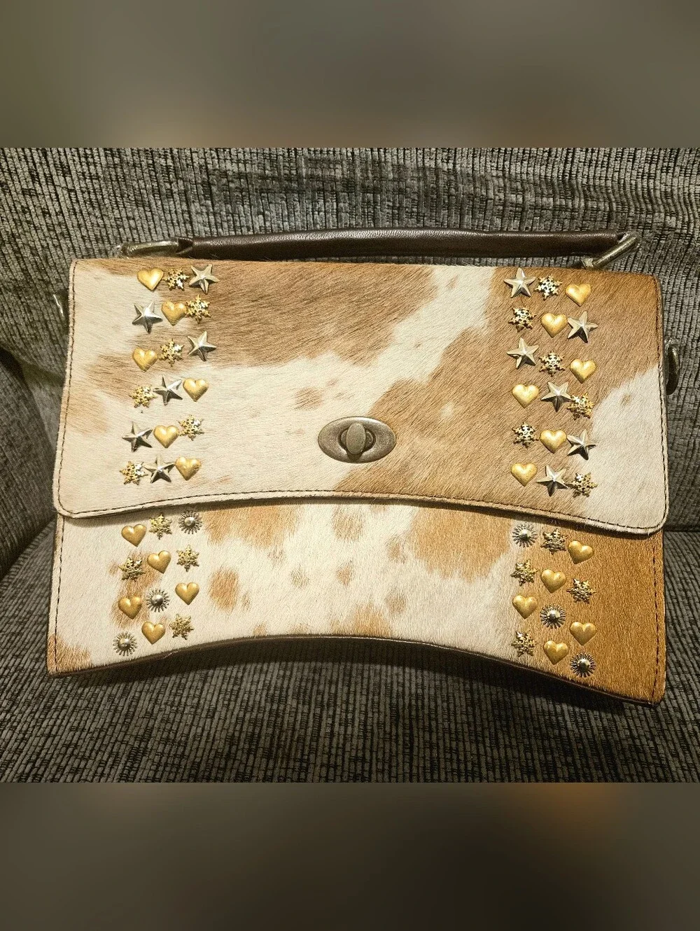 Cowhide Studded Crossbody Clutch w/Gold Star & Heart Accents | Crescent Bag